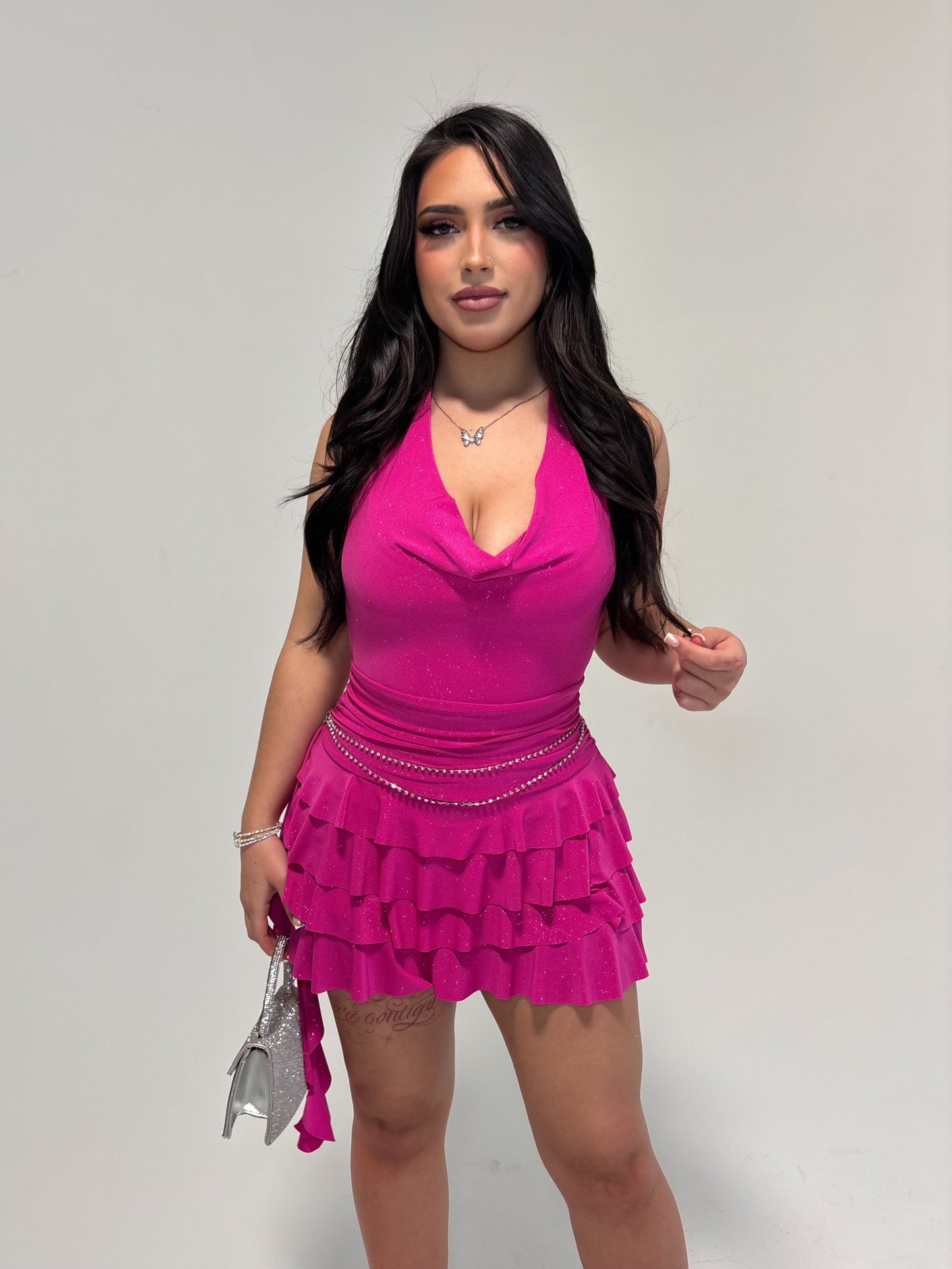 Mya Glitter Romper Dress (Fushia)